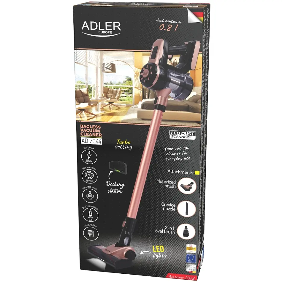 Пилосос Adler AD 7044 бездротовий 250 Вт 12 000 Pa 0.8 л LED TURBO настінне кріплення - фото 7