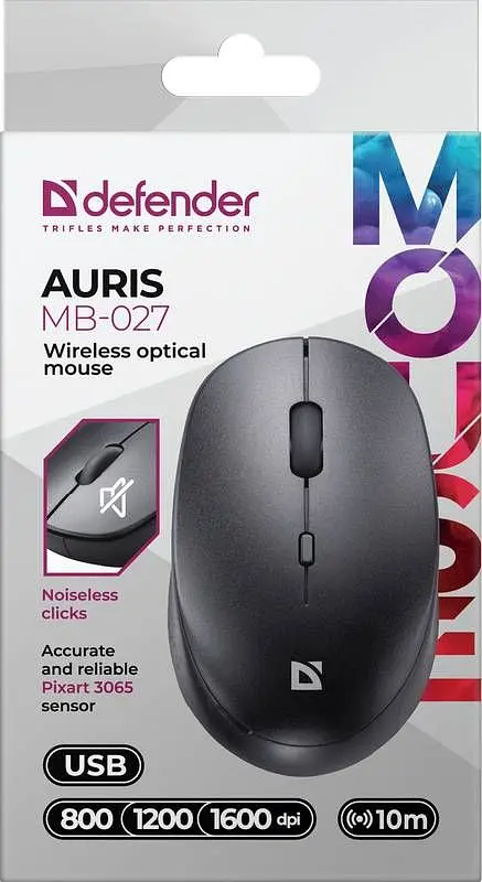 Компьютерная мышка Defender Auris MB-027 беспроводная 3 кн. до 1600 dpi бесшумная черная (52027) - фото 2