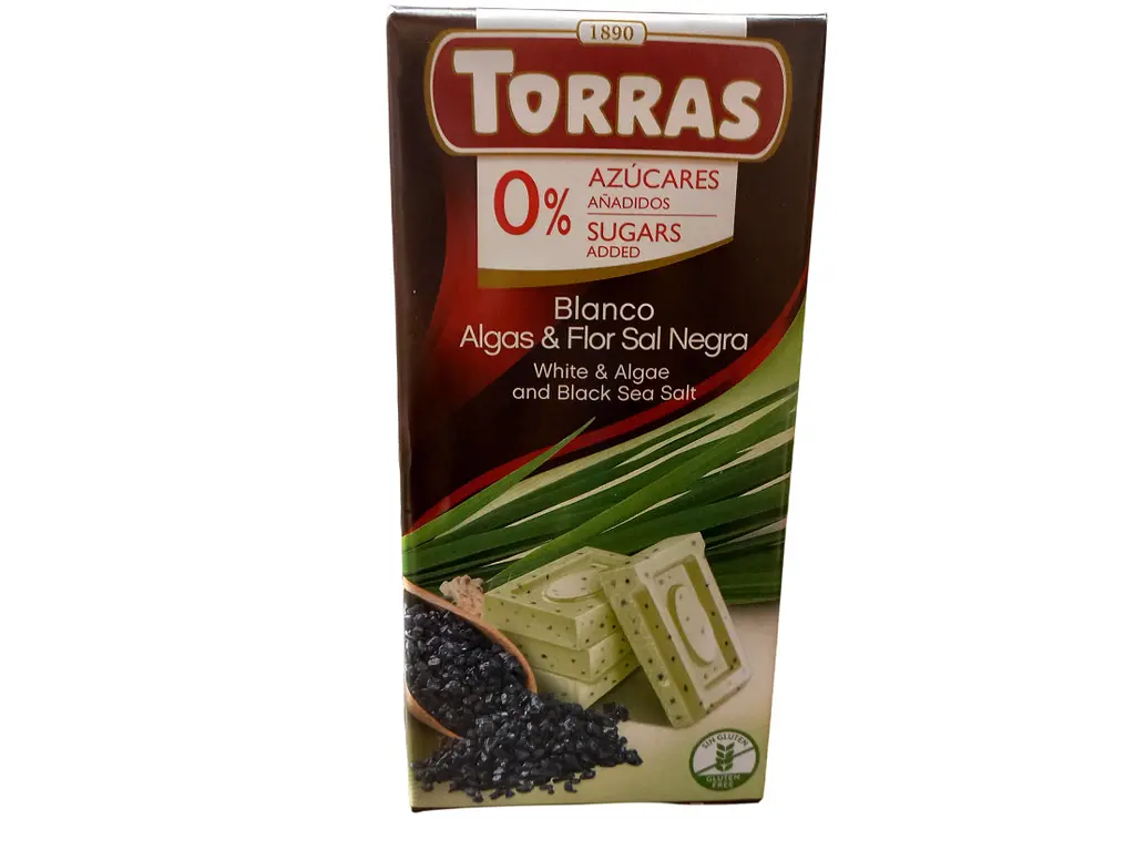 Белый шоколад Torras с водорослями и черной морской солью без сахара и глютена 75 г (8410342004536)