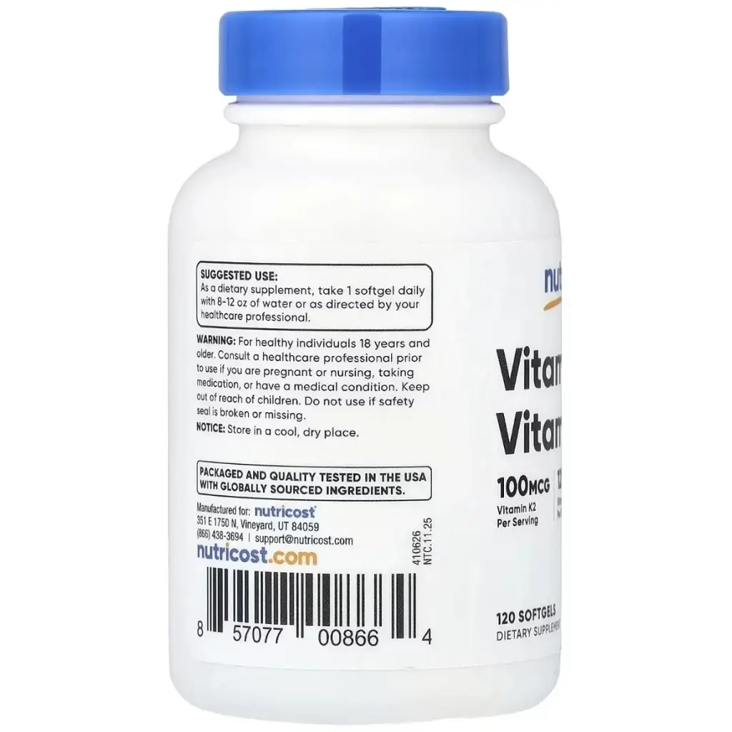 Вітамінно-мінеральний комплекс Nutricost Вітамін K2 та вітамін D3, Vitamin K2 + Vitamin D3, 120 гелевих капсул (NCS00866) - фото 4