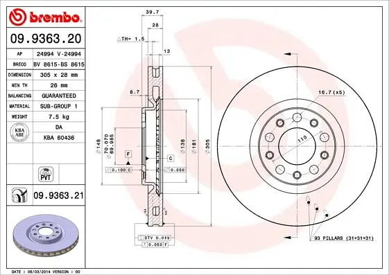 Диск гальмівний передній вентильований Alfa Romeo 159, Giulietta 05-25р Brembo (09.9363.21) - фото 2