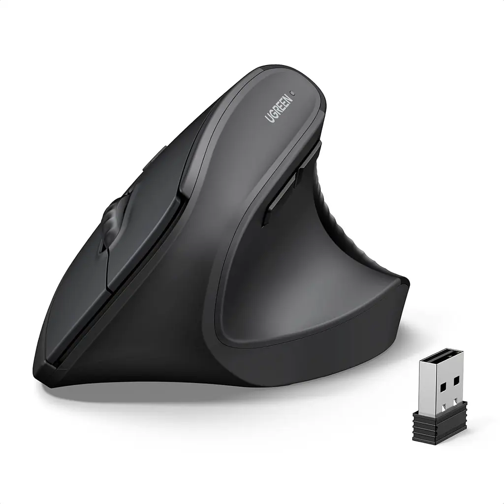 Бездротова вертикальна миша UGREEN M571P 2,4 ГГц з USB-A приймачем 4 рівні чутливості до 4000 DPI потребує окремого придбання батарейки AA з перемикачем Windows/macOS з бічними кнопками навігації дальність до 10 м без перешкод без встановлення драйверів з автоматичним режимом сну з індикацією низького заряду темно-сіра з чорним (65042)