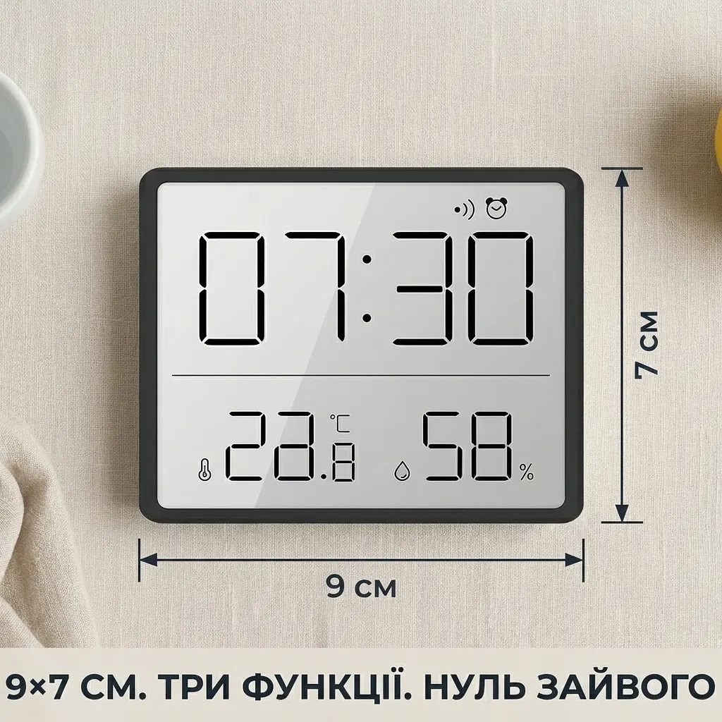 Годинник з термометром та гігрометром, цифровий будильник 9×7 см, з магнітним кріпленням, чорний - фото 8