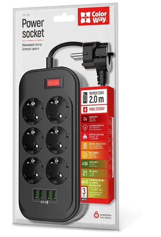 Сетевой фильтр CW-CHE64B, 6 розеток/4USB Black (CW-CHE64B) - фото 5