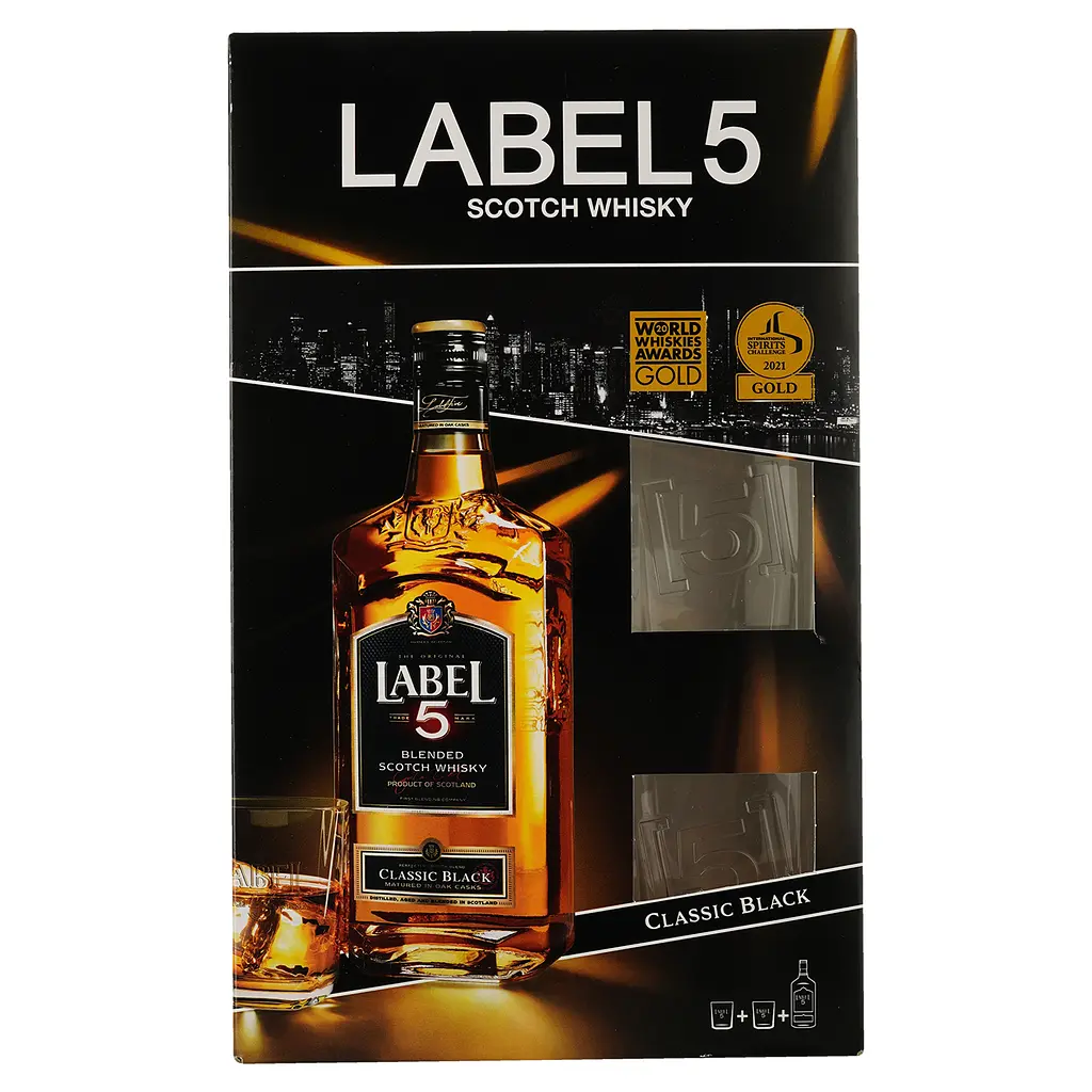 Виски Label 5 Classic Black Blended Scotch Whisky, в подарочной упаковке, 40%, 0,7 л + 2 стакана - фото 2