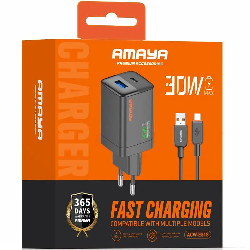 СЗУ Amaya E81S PD30W+QC3.0 (1USB-A/1C) + кабель USB to Type-C Black - фото 2