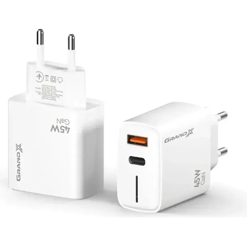 Зарядний пристрій Grand-X GaN 1xUSB-C + 1xUSB QC3.0 45W white (CH-460W) - фото 4