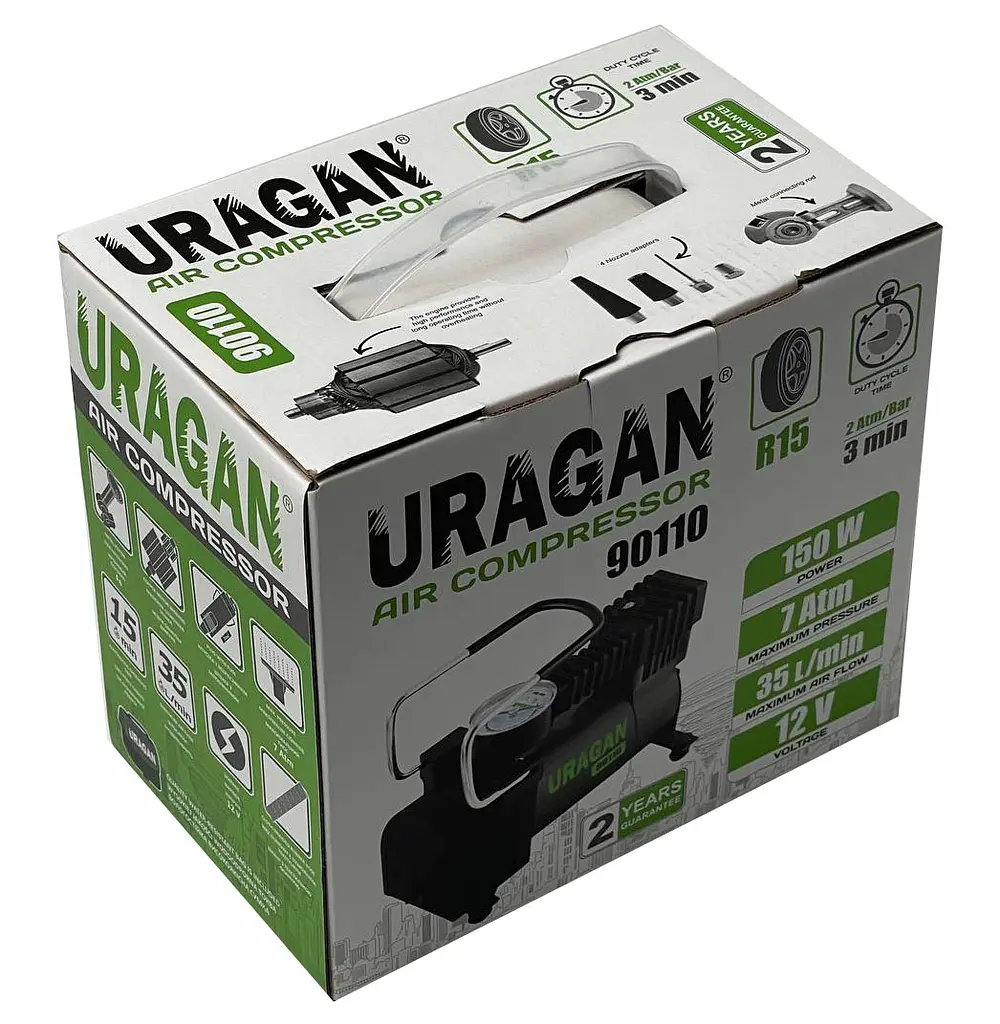 Автомобільний компресор URAGAN 12V 12А 35л/хв 150Вт 1 м шланг (90110) - фото 6