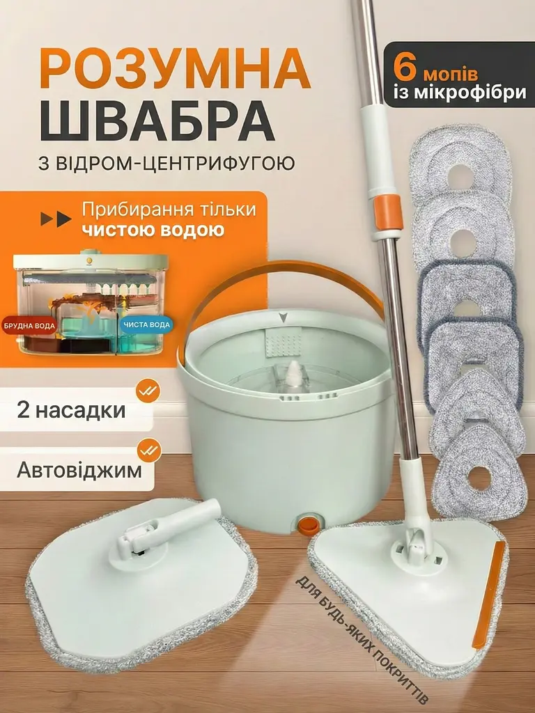 Комплект для прибирання 2-в-1 швабра, що обертається на 360°, та відро з системою віджимання і полоскання - фото 2