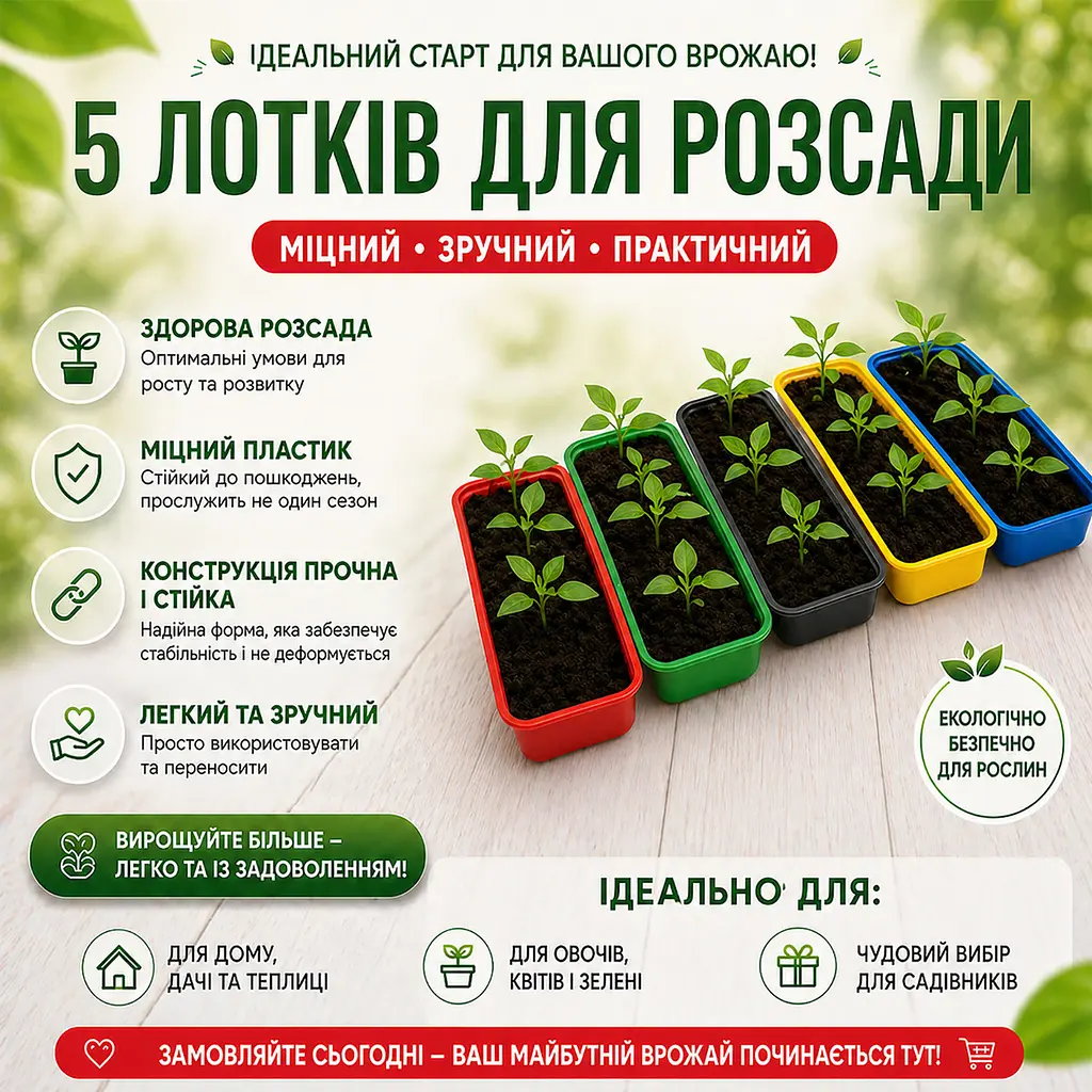 Комплект 5 шт лотків для розсади 2.2 л 38×16×6.5 см кольорові піддони для рослин та зелені Червоний 88423 - фото 3
