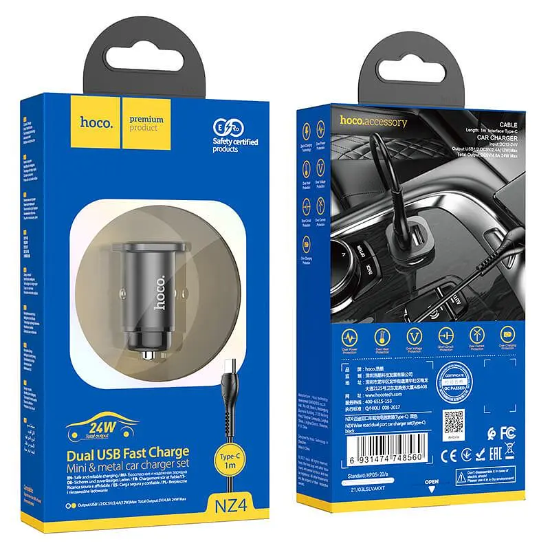 Комплект для авто - зарядный и кабель Type-C - HOCO NZ4 Wise road dual port car charger set черный - фото 6