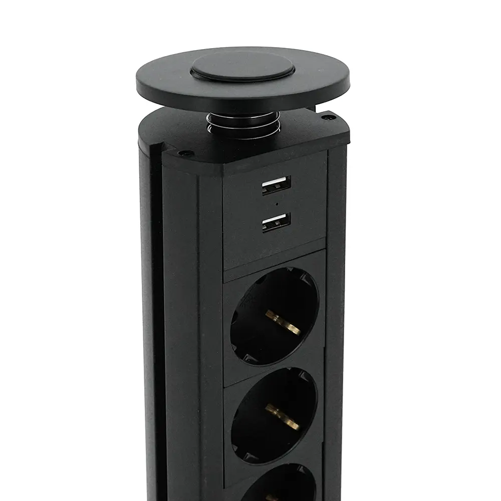 Мережевий фільтр вбудований в столешнішцу, 3 Розетки + 2 USB, перетин 3х0,75мм, 16А, 250V, 2 м, Black, круглий, діаметр 80мм, Box - фото 4