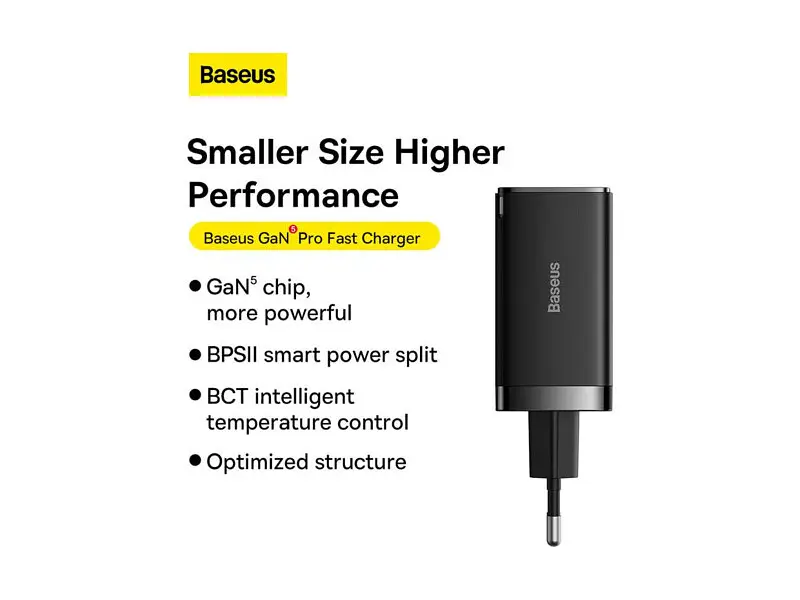 Зарядний пристрій BASEUS GaN5 Pro Fast Charger 2C+U 65 W w/Type-C to Type-C Black (CCGP120201) - фото 12