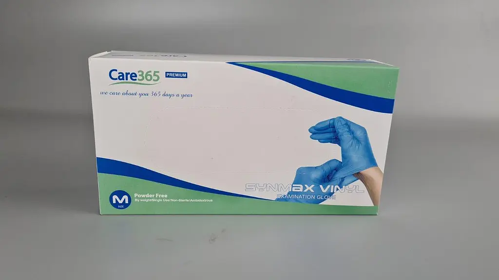 Рукавички одноразові вінілові сині CARE 365, розмір M, 100 шт, неопудрені, для огляду, клінінгу та сервісу