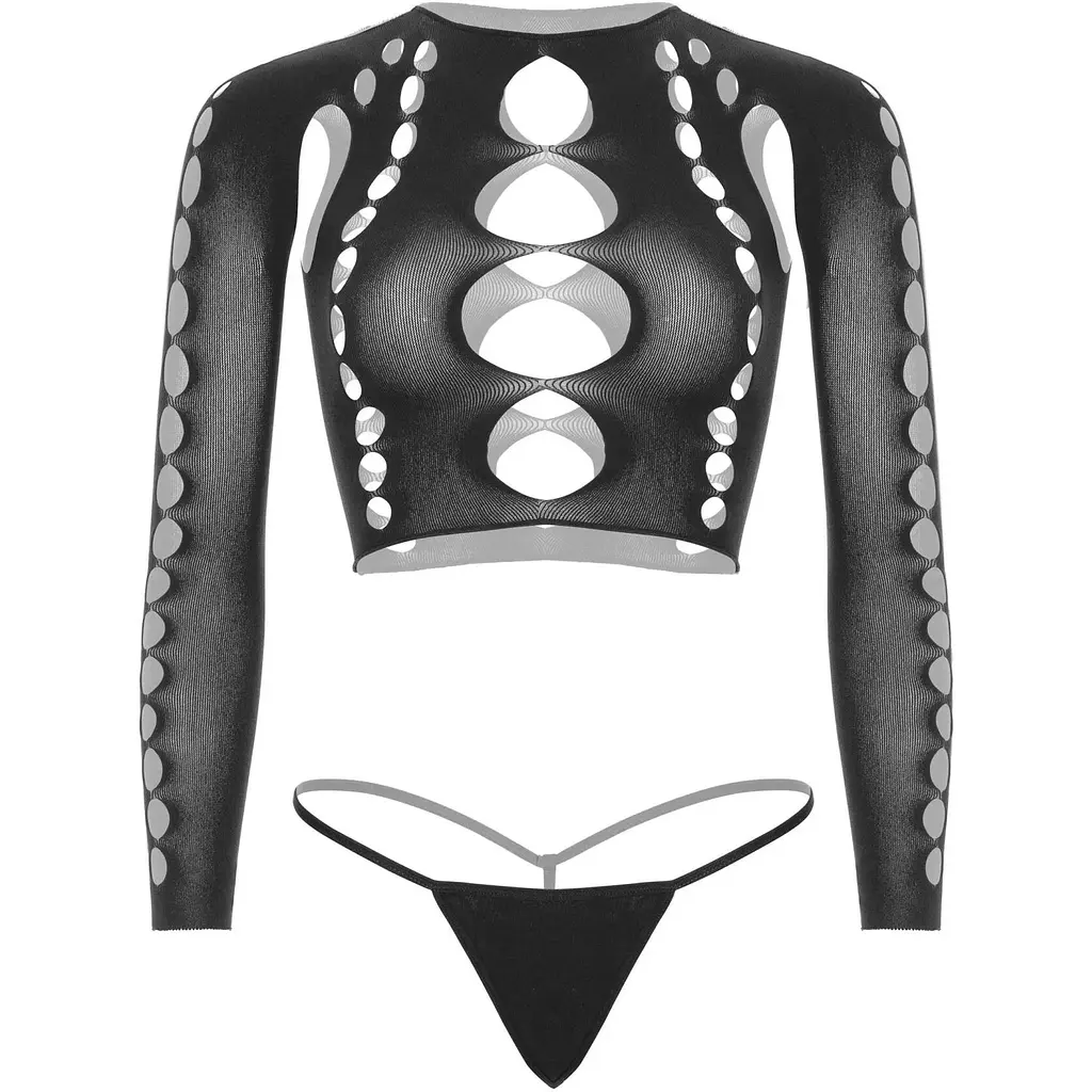 Комплект Leg Avenue Long sleeve crop top & stRing Black One Size - фото 3