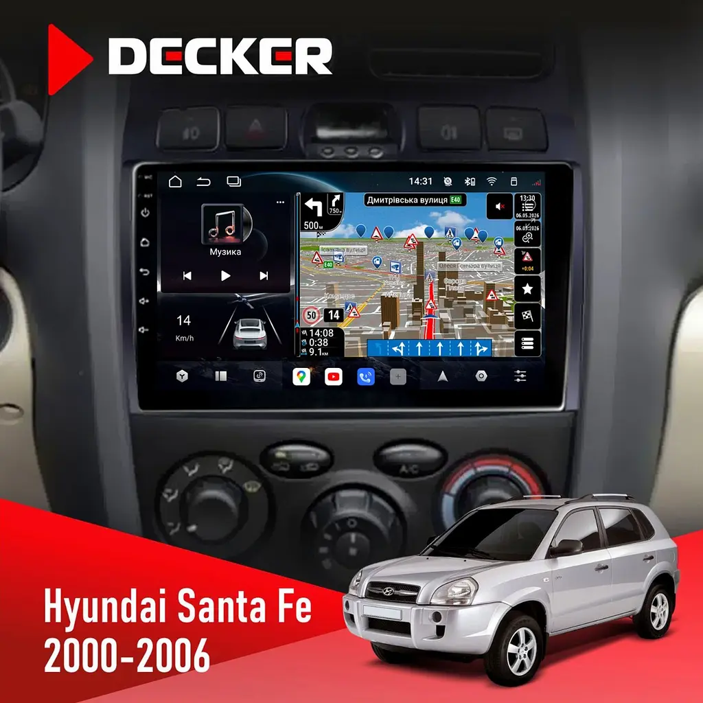 Штатна магнітола Hyundai Santa Fe 2000-2006 Decker D9-011 4x64, DSP, 4G, 360 Decker (НФ-00005767)
