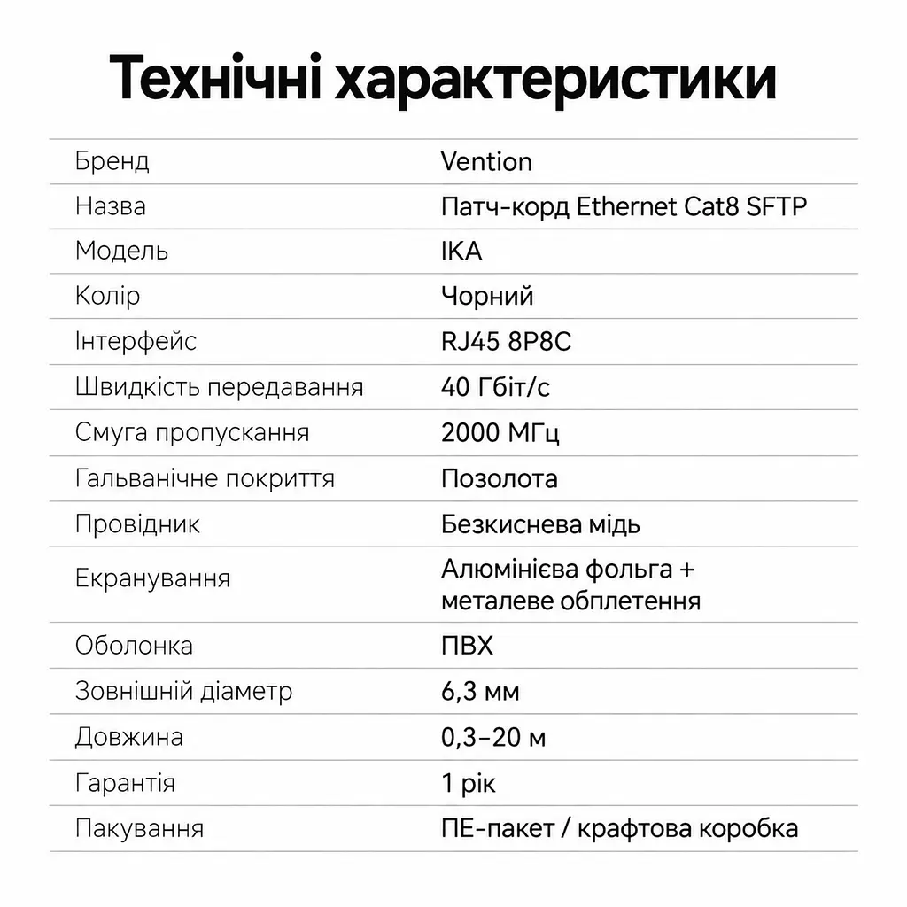 Сетевой кабель Ethernet Vention 10 м патч-корд RJ45 штекер на обоих концах Cat.8 до 40 Гбит/с 2000 МГц с экранированием S/FTP проводники из бескислородной меди позолоченные контакты чёрный (IKABL) - фото 9