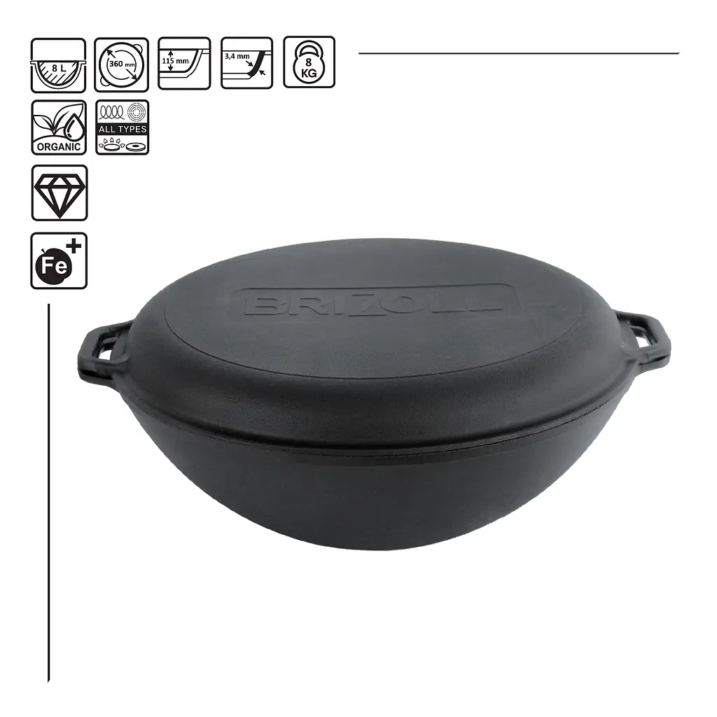 Чугунная сковорода Brizoll Wok с крышкой-сковородкой гриль 36 см (W36-3) - фото 2