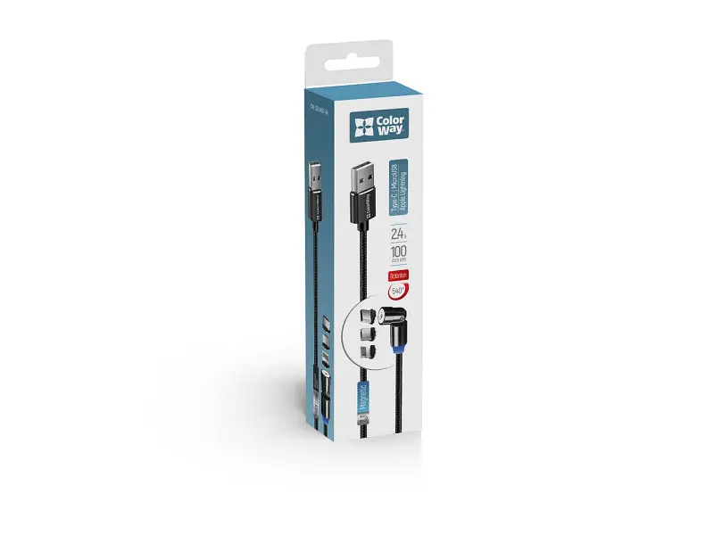 Кабель ColorWay USB-Lightning/microUSB/USB-C Magnetic Rotation 540 1m Black (CW-CBUU037-BK) - фото 2