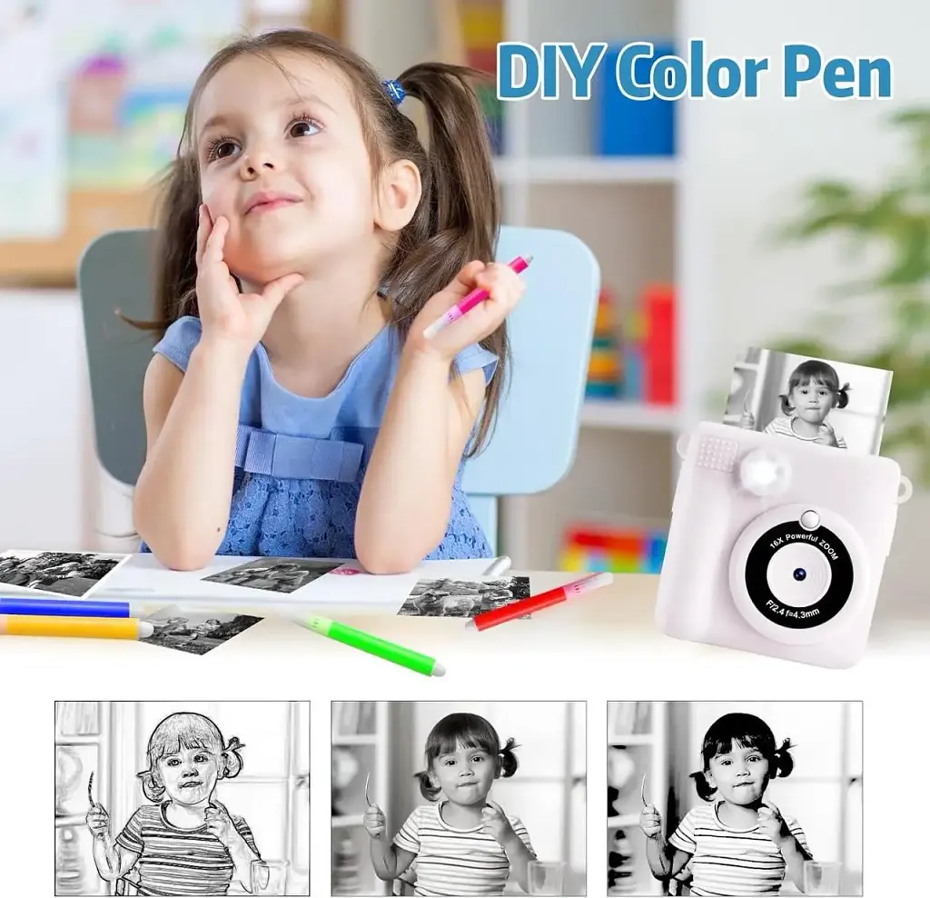 Детская цифровая фотокамера с моментальной печатью 8MP Kids Instant Print Camera ABS-681 белая 1080P для детей 3-10 лет - фото 3