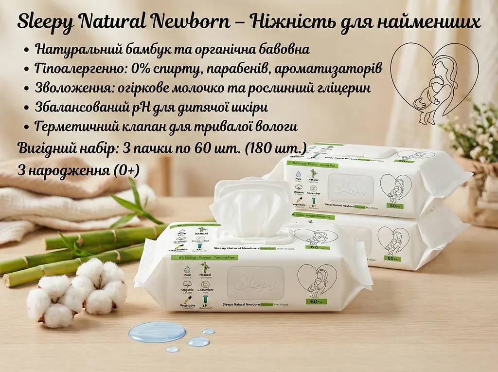 Вологі серветки для дітей Sleepy Naturаl Baby 60 шт. Комплект 3 упаковки. Догляд за чутливою шкірою малюка - фото 4