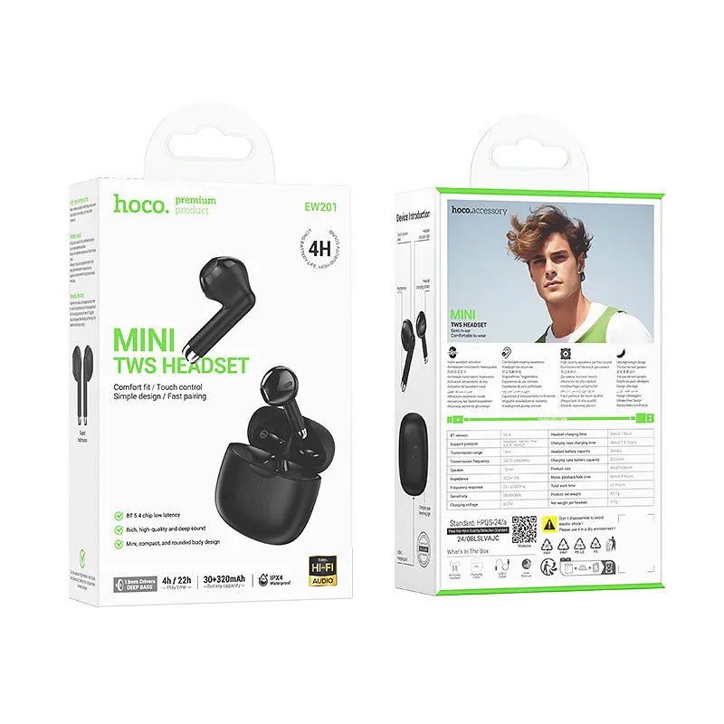 Беспроводные наушники Hoco EW201 Graceful true wireless BT headset, BT5.4, 30mAh, 320mAh, 4h, black - фото 3