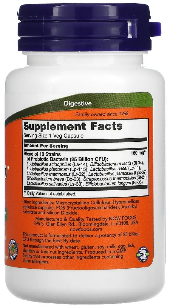 Пробіотик-10 (Probiotic), 25 млрд КУО, 50 вегетаріанських капсул NOW Foods - фото 3