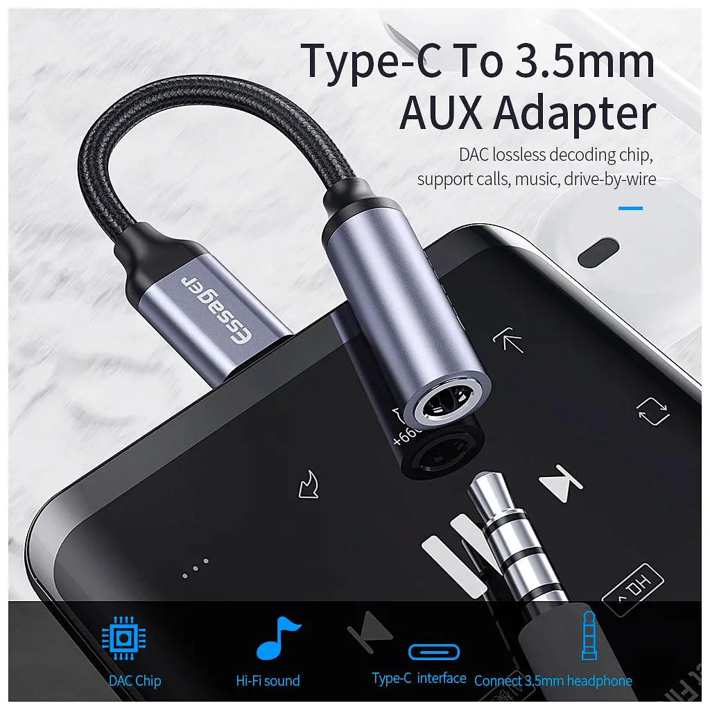 Перехідник USB-C M to 3.5mm F 0.12m gray Essager (EZJE01-0G) - фото 3