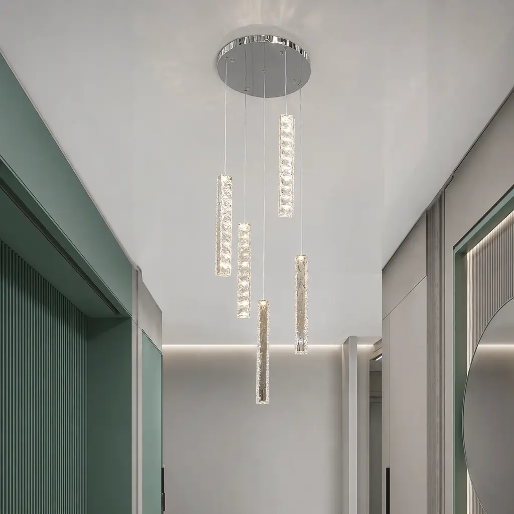 Каскадна хромована LED люстра Artlight 622/5CH на 5 прозорих кришталевих підвісів 95W