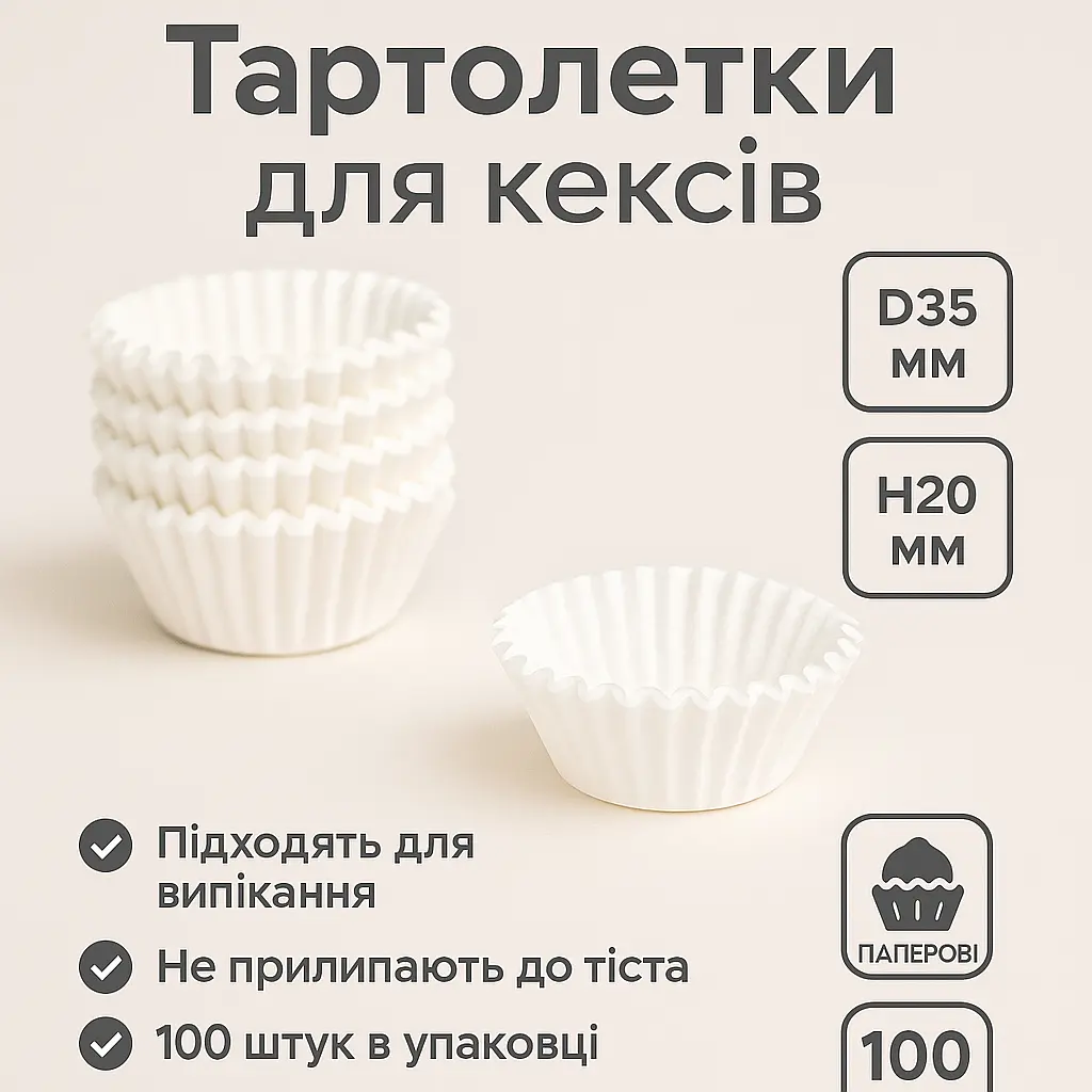 Паперові тарталетки для кексів та мафінів 4А біла 35х20 мм 100 шт. - фото 2