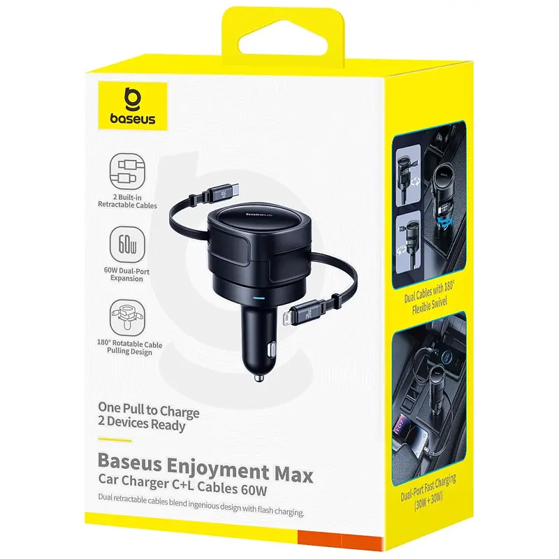 АЗП Baseus Enjoyment Max PD60W with retractable cables (1USB-C/1L) (C00035507121) Cosmic Black - фото 4