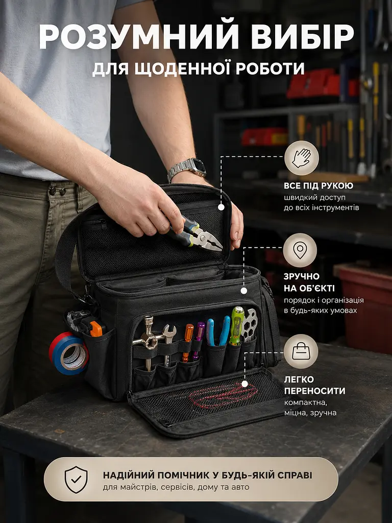 Сумка-органайзер для інструментів із тканини Oxford 600D з 18 кишенями 36,7×21,5×20,5 см, чорна (49676313) - фото 8