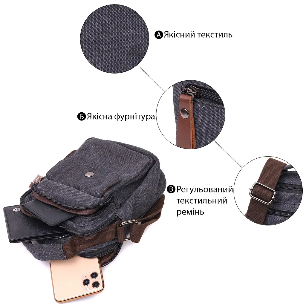 Компактная мужская сумка из плотного текстиля Vintage 14,5х19х10,5 см sum0028965 - фото 4