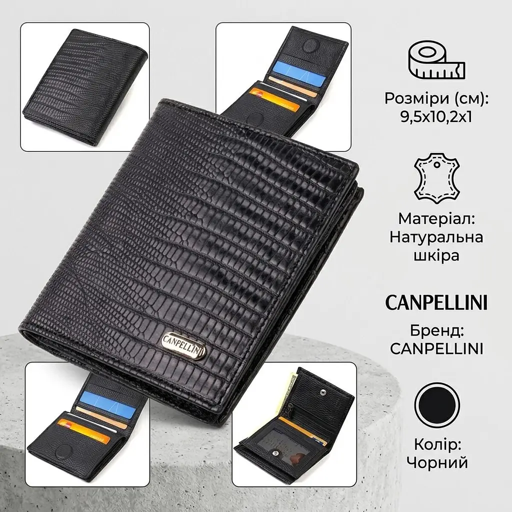 Шкіряне компактне портмоне для чоловіків з тисненням Canpellini 21739 чорне - фото 3