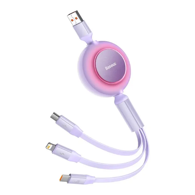 Кабель Baseus Bright Mirror 2 Series Retractable 3 in 1 Fast Charging Data Cable USB to M+L+C 66W 1.1 м Purple - фото 3