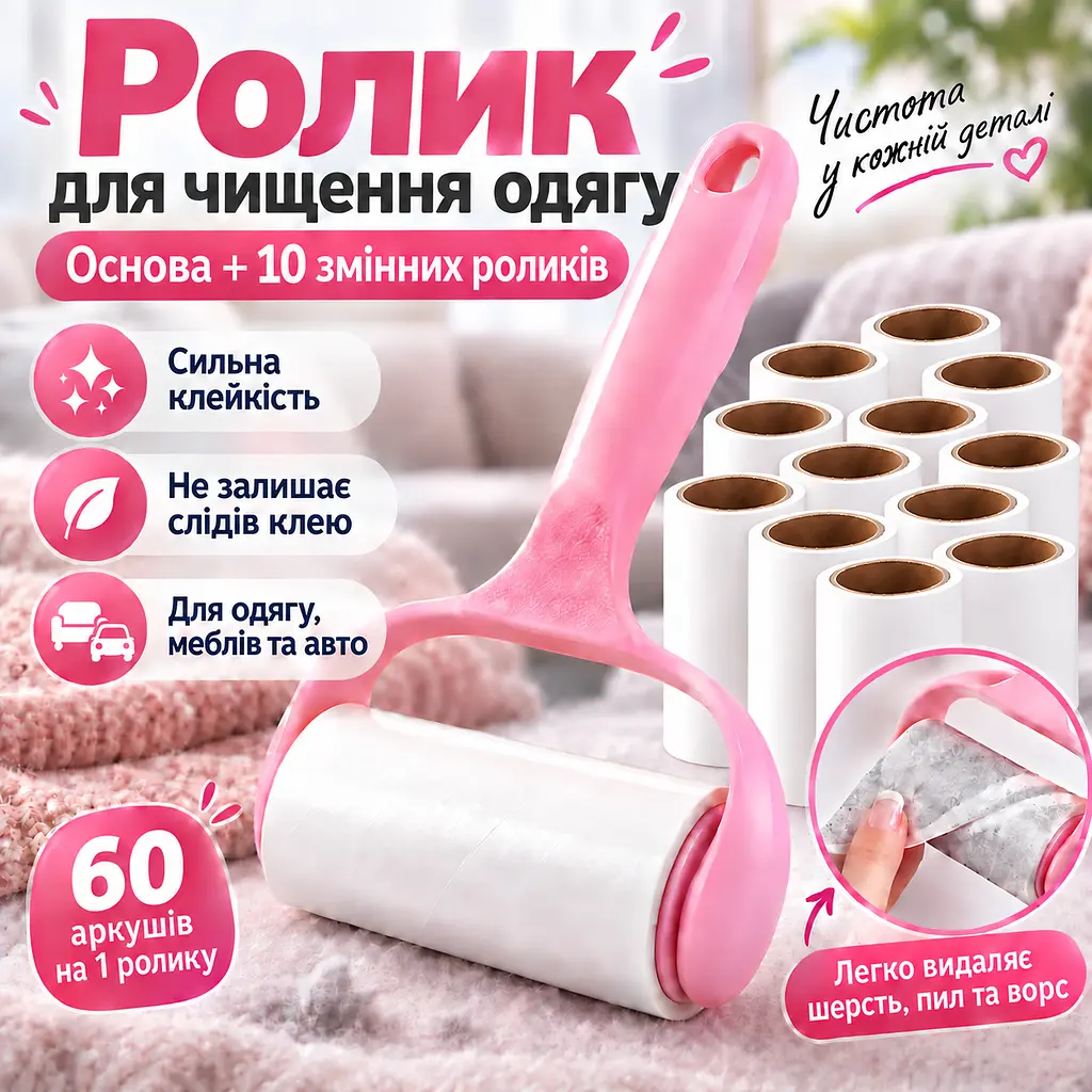 Ролик липучка для чищення одягу від шерсті та ворсу з ручкою + 10 змінних роликів по 60 аркушів KT9004410