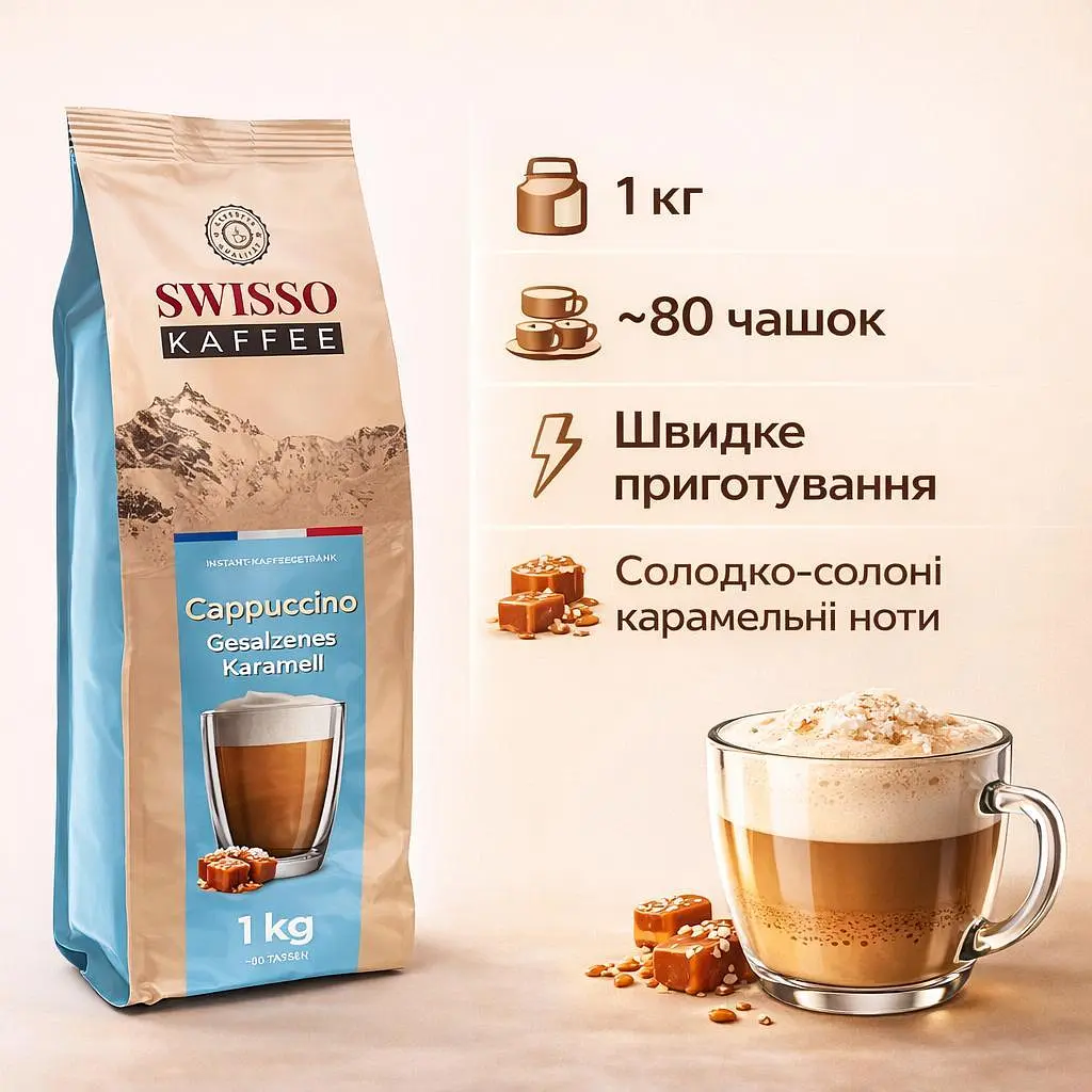 Капучино Swisso Kaffee Cappuccino Gesalzenes Karamell зі смаком солоної карамелі 1 кг - фото 2