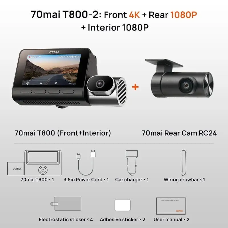Відеореєстратор 3 камери 70mai Dash Cam T800-24 комплект + Rear Cam RC41 4K - фото 8