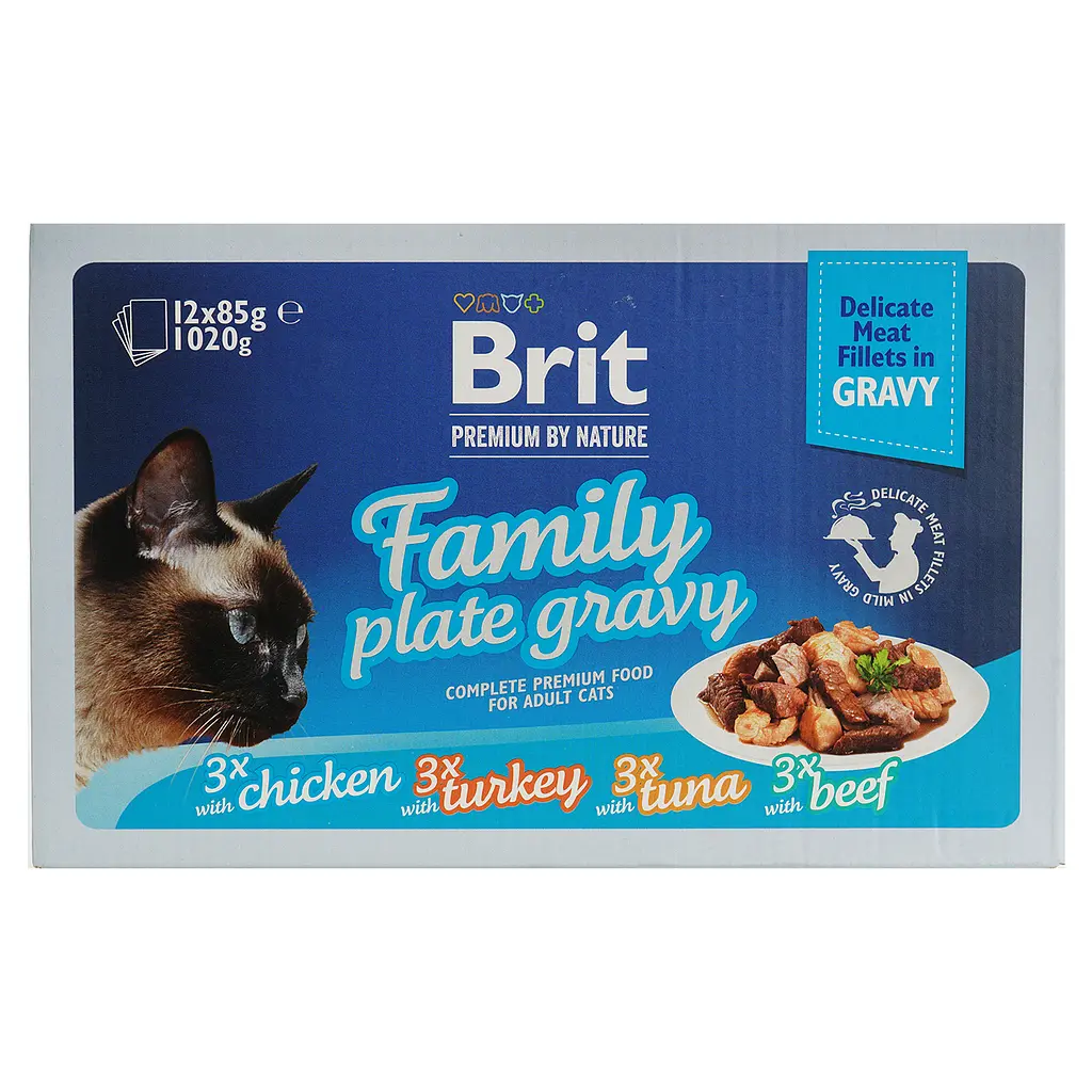 Вологий корм для котів Brit Premium Delicate Fillets in Gravy Family Plate Сімейна тарілка в соусі 1020 г (12 x 85 г) - фото 2