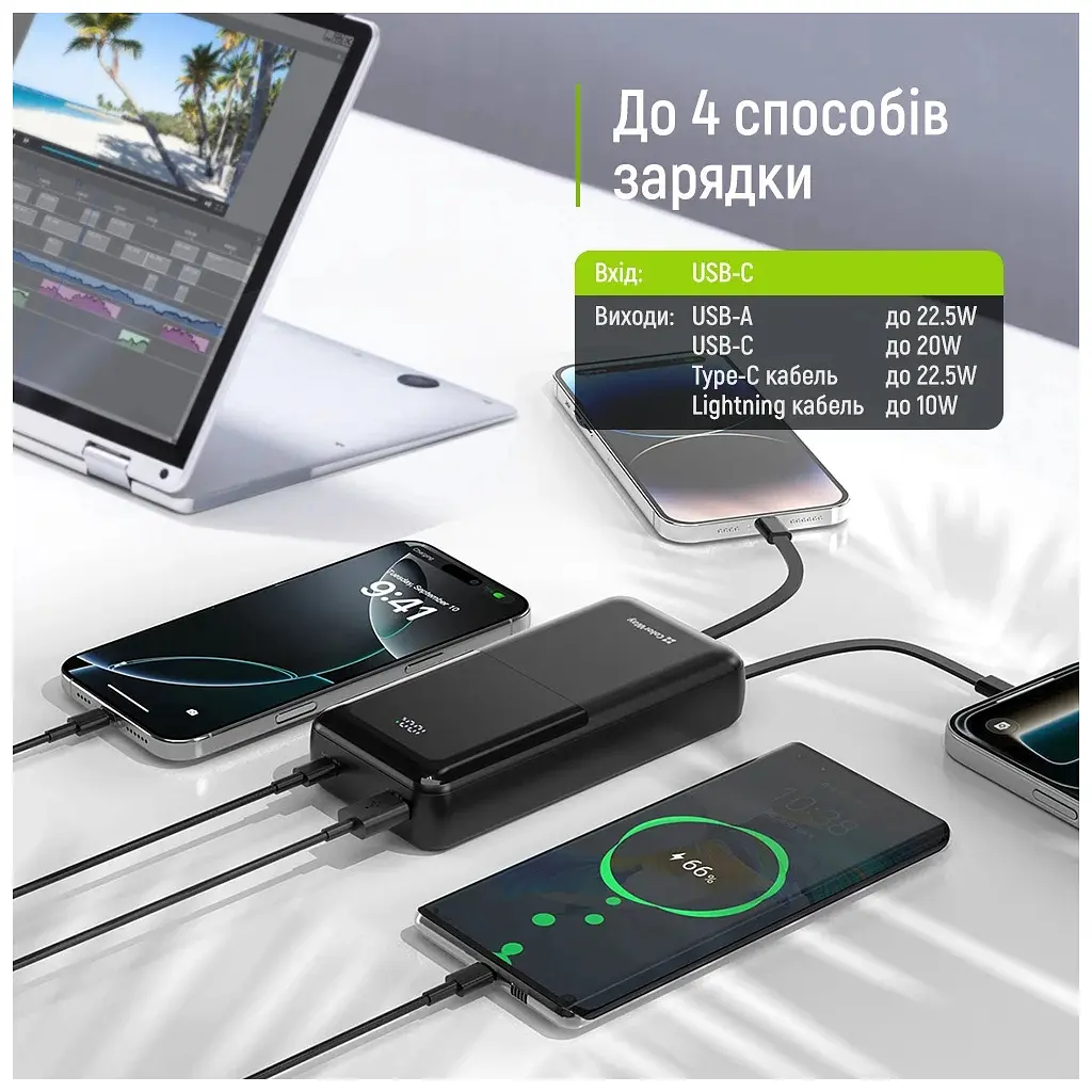 Батарея універсальна ColorWay 20 000 мА·год DigiPower PD/22.5 Вт, QC/4.0, чорна (CW-PB200LP01BK) - фото 6