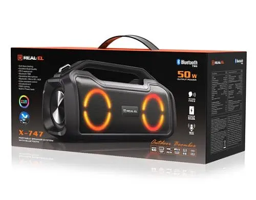 Колонка портативна 2.0 REAL-EL X-747 Black, 2 x 25 Вт, пластиковий корпус, Bluetooth, MicroSD / USB, IPX5, живлення від акумулятора, 2x3600мА * год, керування зверху - фото 5
