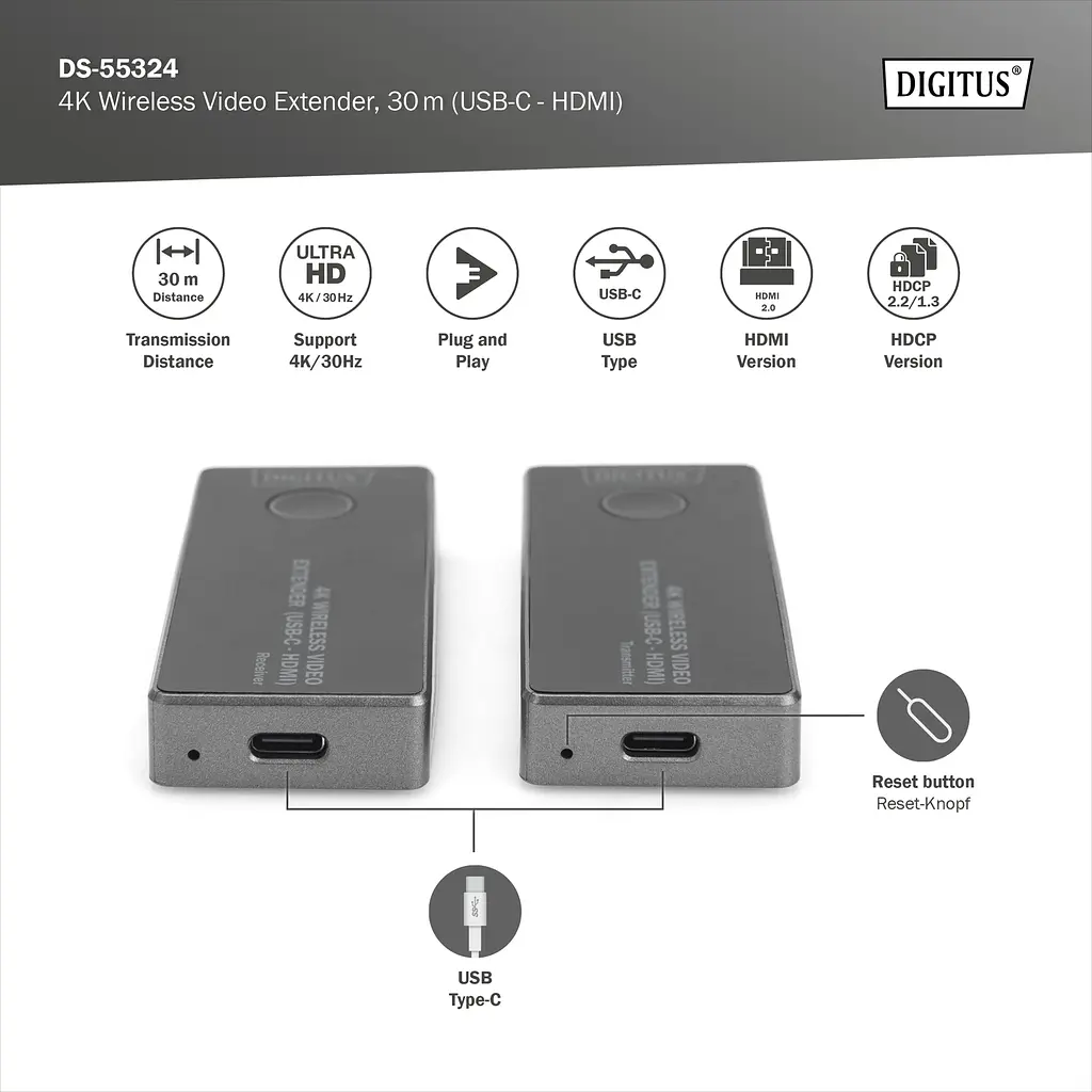 Digitus Бездротовий USB-C > HDMI, 4K UHD, 30 м - фото 3