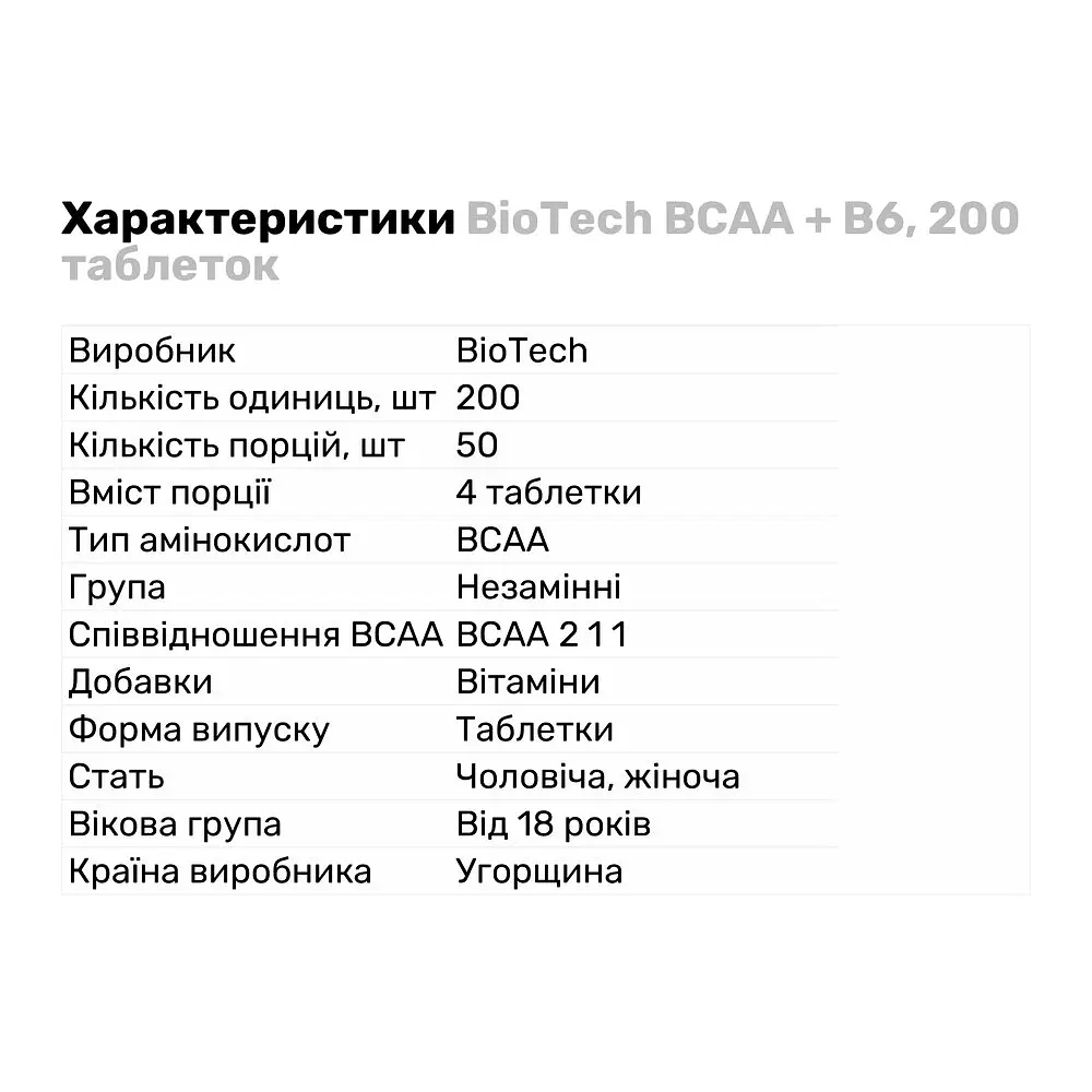 Амінокислота BCAA BioTech BCAA + B6, 200 таблеток - фото 2
