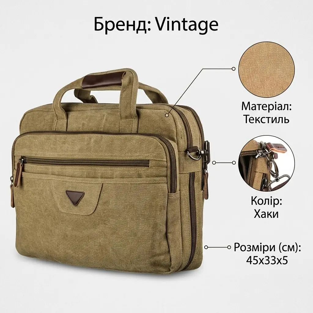 Сумка текстильна для ноутбука 20186 Vintage хакі - фото 3
