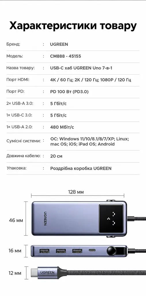 USB-C хаб UGREEN Uno CM888 7-в-1 HDMI 4K 60 Гц 2K 120 Гц 1080p 120 Гц 2×USB-A 3.0 и USB-C 3.0 до 5 Гбит/с USB-A 2.0 до 480 Мбит/с RJ45 до 1000 Мбит/с вход USB-C PD 3.0 до 100 Вт сквозная зарядка до 85 Вт HDMI требует USB-C с DisplayPort Alt Mode зарядка требует поддержки приёма USB PD дублирование/расширение HDR Dolby Atmos без драйверов Nintendo Switch Steam Deck ROG Ally Lenovo Legion Go кабель 0,2 м сине-серый с чёрными акцентами (45155) - фото 3