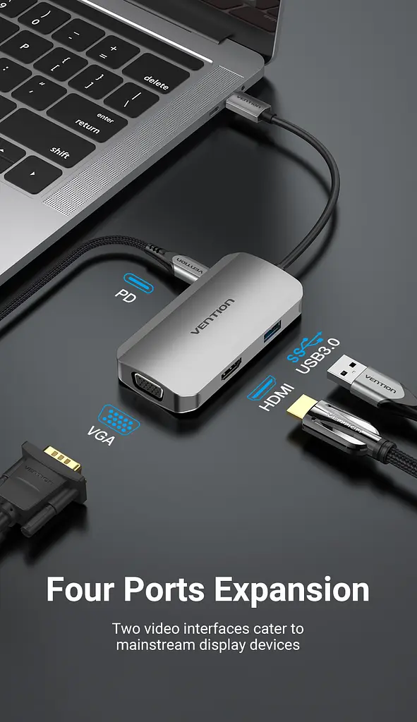 Док-станція USB3.1 Type-C --> HDMI/VGA/USB 3.0/PD 100W Hub 4-in-1 Vention - фото 4