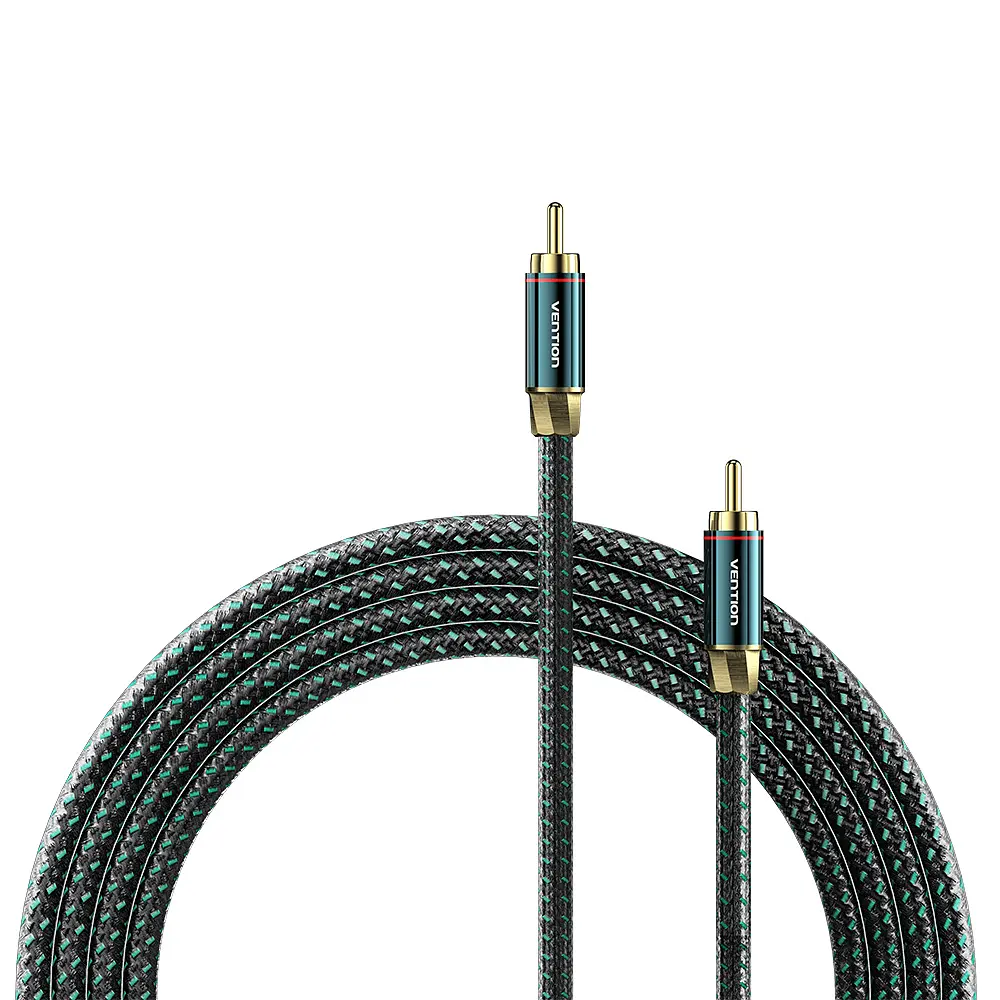 Коаксиальный аудиокабель Vention 8 м тюльпан RCA штекер на RCA штекер для цифрового S/PDIF 75 Ом с двойным экранированием в хлопковой оплётке с посеребрённым проводником OFC с позолоченными разъёмами зелёный (BCTGK)