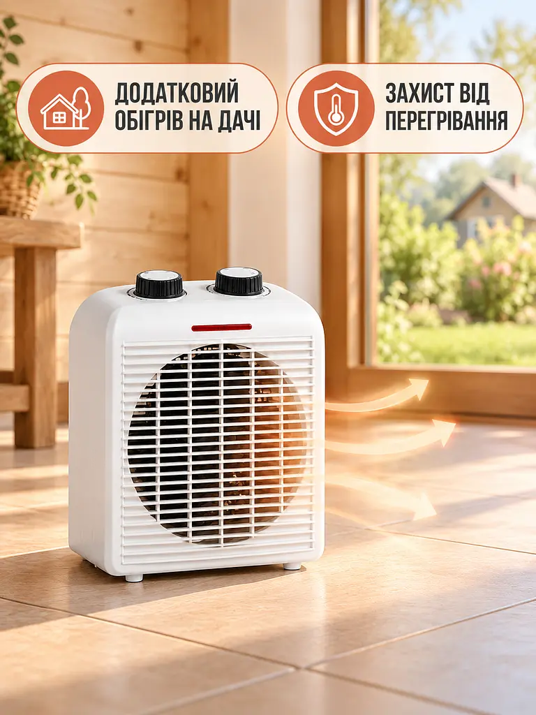 Тепловентилятор 2000 Вт, 2 потужності нагрівання, обдув без нагрівання, білий (27481639) - фото 4