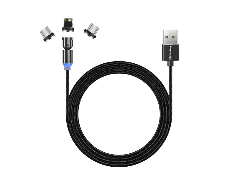 Кабель ColorWay USB-Lightning/microUSB/USB-C Magnetic Rotation 540 1m Black (CW-CBUU037-BK) - фото 4
