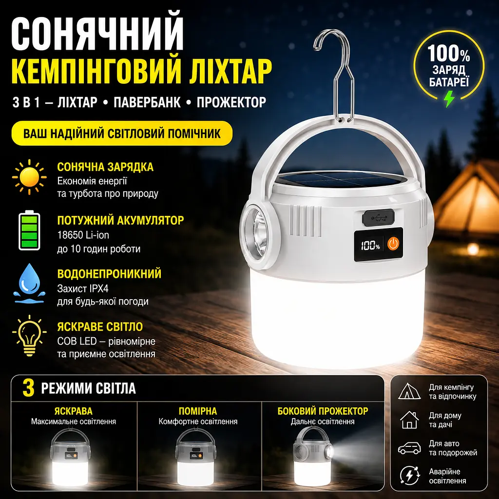 Кемпінговий ліхтар 2-в-1 на сонячній батареї та USB, 360° LED, з підвісом і дисплеєм заряду - фото 6